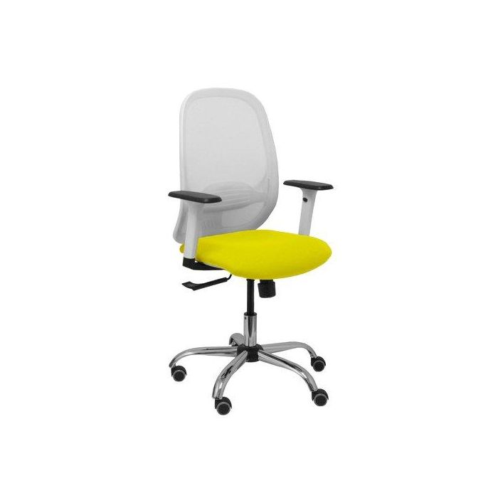 Silla Piqueras Y Crespo Cilanco Blanca Uso Intensivo Brazos Regulables Mecanismo Sincro Con Regulador De Tension Refuerzo Lumbar Regulable Base Cromada Ruedas Parquet Respaldo De Malla Blanca Y Asiento Tapizado Bali Amarillo