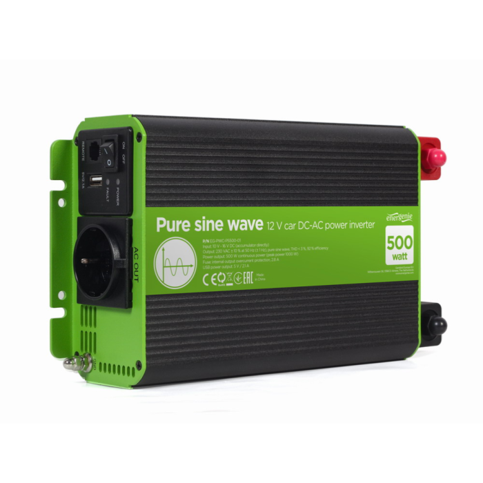 EnerGenie EG-PWC-PS500-01 Adaptador e Inversor de Corriente para Coche 500W Onda Sinusoidal Pura Negro y Verde