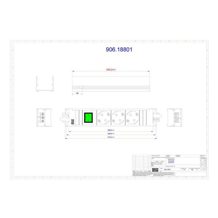 Bachmann 906.18801 STEP ALU 3xCEE7/3 1xSchalter GST18 - Regleta de Aluminio para Interior con 3 Salidas, Interruptor e IP20, 230 V