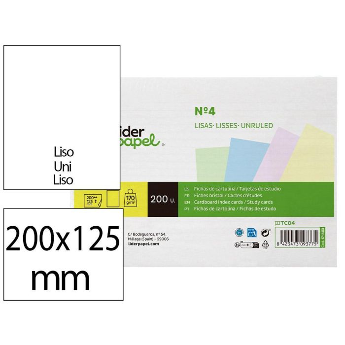 Tarjeta Liderpapel Para Estudiar Lisa Cartulina De Colores 170 gr-M2 125x200 mm Paquete De 200 Unidades