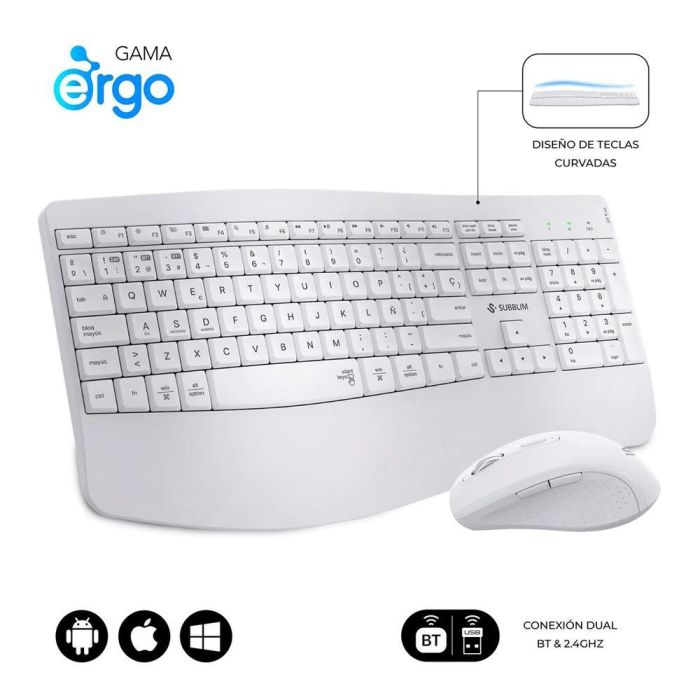 Subblim SUBKBC-DCOPW1 Teclado y Ratón Inalámbrico Ergonómico Combo Dual Office Prowave, BT+USB, Recargable, Silencioso, Blanco 0 Subblim SUBKBC-DCOPW1 Teclado y Ratón Inalámbrico Ergonómico Combo Dual Office Prowave, BT+USB, Recargable, Silencioso, Blanco 0