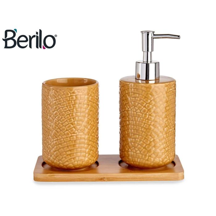 Berilo Set Baño Cerámica 2 Piezas Camel Cuadrado con Bandeja, Gres, Plástico ABS/PP, Bambú, 9x18.5x20 cm (Set de 6) 1