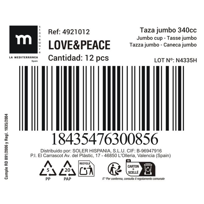 Taza Jumbo 340 ml Love&Peace - Inde (36 Unidades) 1 Taza Jumbo 340 ml Love&Peace - Inde (36 Unidades) 1