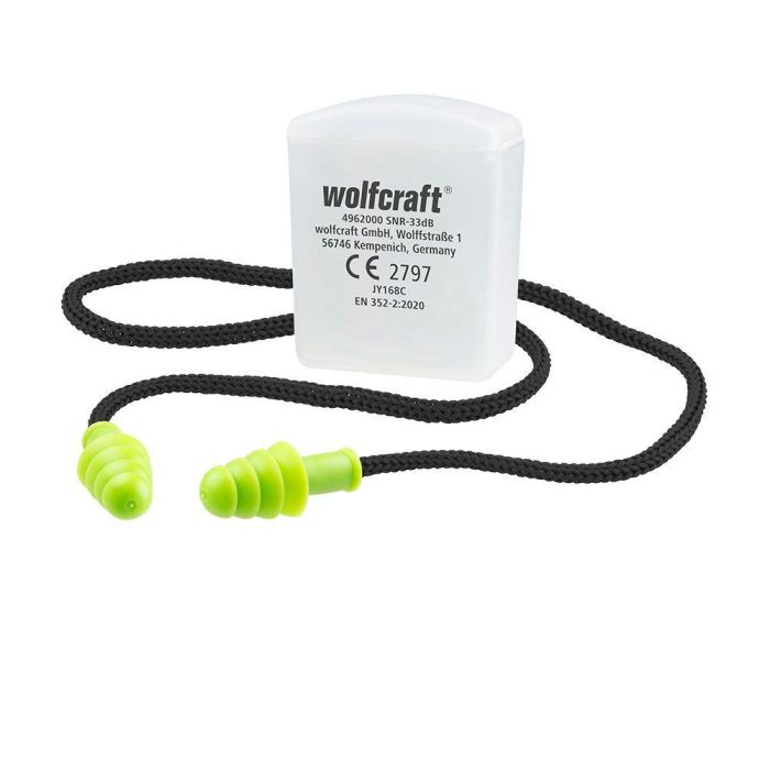 Wolfcraft 4962000 Tapones de Protección Auditiva con Cordón y Estuche (CE), Reutilizables, SNR 33 dB, para Maquinaria Pesada 1