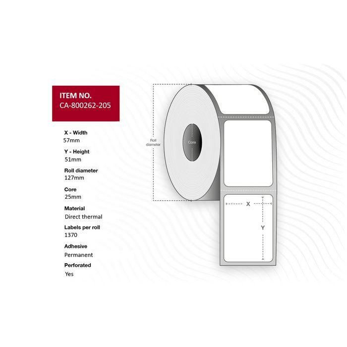 Capture Label 57 x 51mm, Core 25mm, Direct Thermal, Coated, Permanent, Perforated, 1370 labels per roll, 12 rolls per box. Equal to p/n: 800262-205 Capture Label 57 x 51mm, Core 25mm, Direct Thermal, Coated, Permanent, Perforated, 1370 labels per roll, 12 rolls per box. Equal to p/n: 800262-205