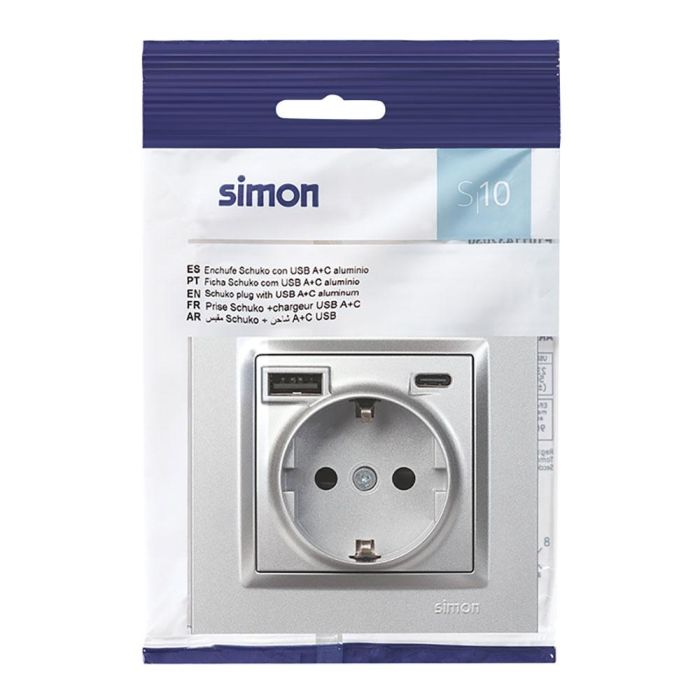 Base enchufe schuko + usb a + c 10,5 W 16 a 250 v~, simon 10, aluminio 2 Base enchufe schuko + usb a + c 10,5 W 16 a 250 v~, simon 10, aluminio 2