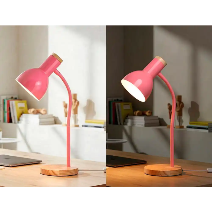 Q-connect Lámpara de Escritorio Orion Metálica con Detalles de Madera, Brazo Flexible, Color Rosa 7