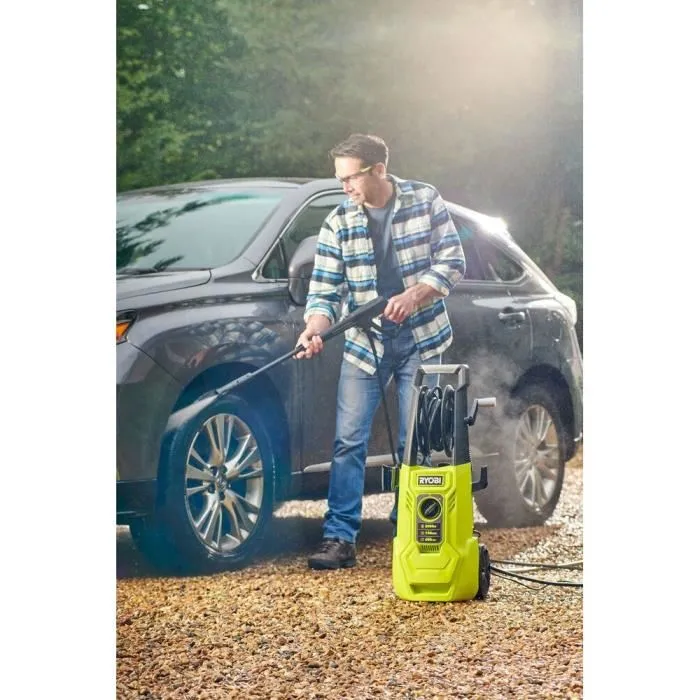 Ryobi RYO4892210195159 Limpiador de Alta Presión 2000 W 150 Bares 450 L con Flexible 8m, Carrete, Tanque 0.9L, Lancas y Pincel Giratorio