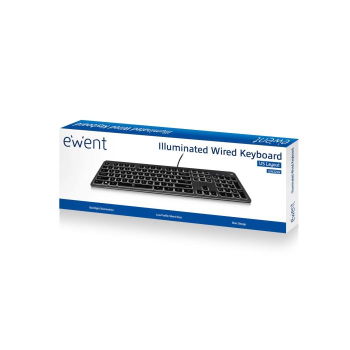 Ewent Teclado USB Multimedia EW3269 con Retroiluminación Ajustable, Teclas Silenciosas y 12 Teclas Multimedia 1
