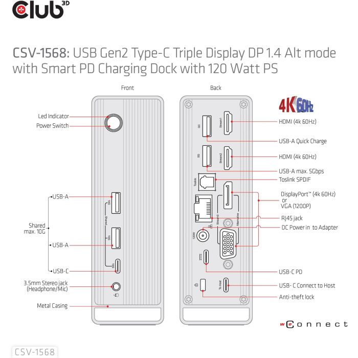 Club3D CSV-1568 Estación de Acoplamiento USB-C 4K 100W con 6xUSB3, DP, 2xHDMI, VGA, LAN, Power Delivery 120W 3 Club3D CSV-1568 Estación de Acoplamiento USB-C 4K 100W con 6xUSB3, DP, 2xHDMI, VGA, LAN, Power Delivery 120W 3