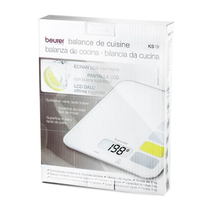 Beurer KS-19 Balanza de Cocina con Vidrio Ultra Plano y Pantalla LCD, Color Blanco 1
