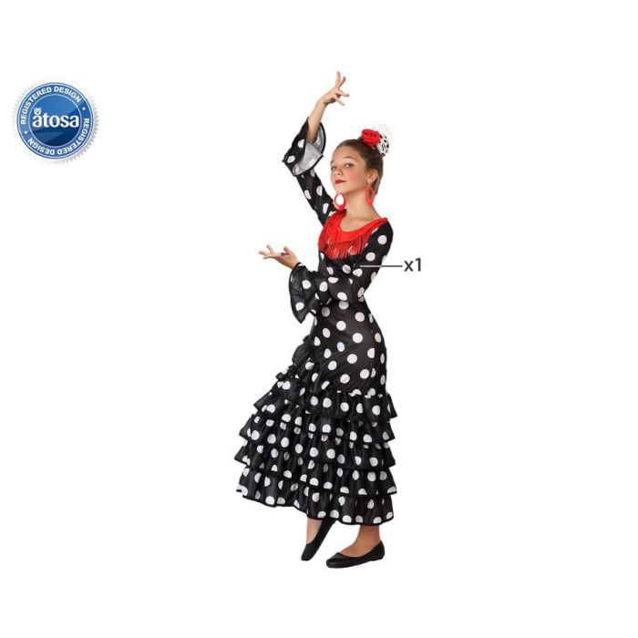 Disfraz de Flamenca Sevillana para Niña 7-9 Años, Negro con Lunares Blancos Disfraz de Flamenca Sevillana para Niña 7-9 Años, Negro con Lunares Blancos