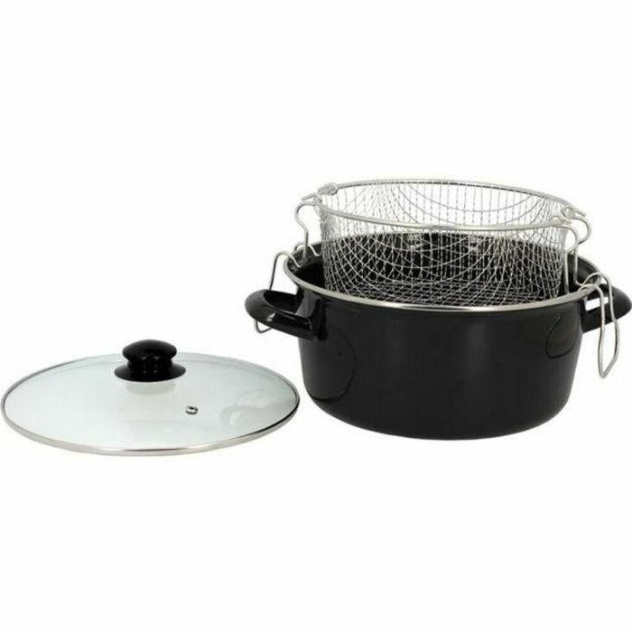 THEKITCHENETTE 3645580 Freidora con tapa de cristal negro, 26cm, acero esmaltado, para inducción y todas las fuentes de calor, con canasta