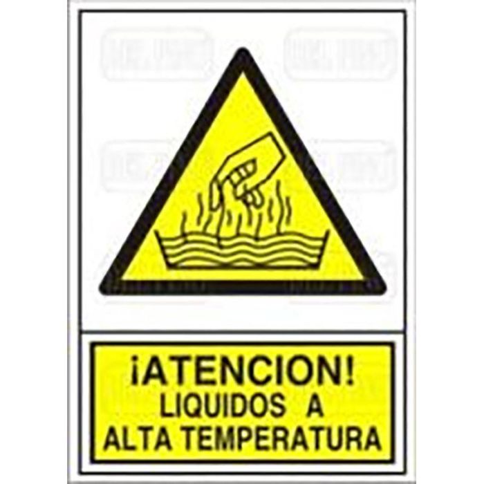 DUVER Señal 360 Adhesiva de Seguridad: Atención! Líquidos a Alta Temperatura (Liq.Alt.Temp). Formato Industrial 148x105 mm