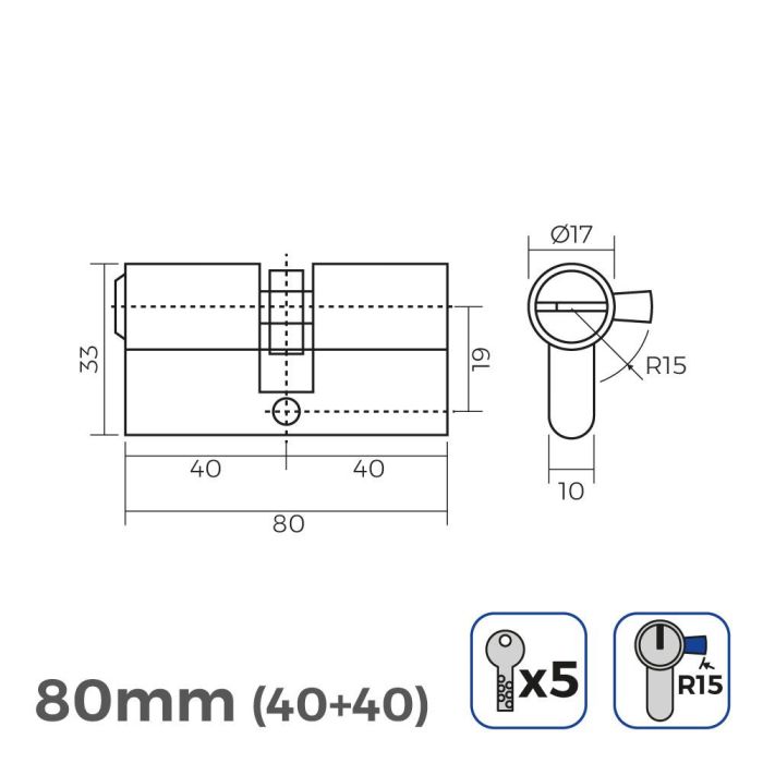 Cilindro latón 80mm (40+40mm) leva larga r15 con 5 llaves de seguridad incluidas 1