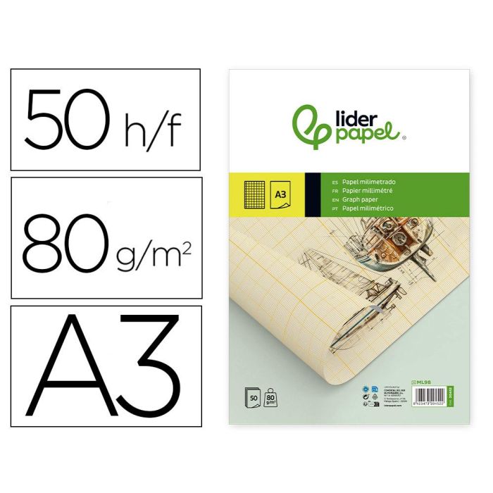 Bloc Papel Milimetrado Liderpapel Encolado 297x420 mm 50 Hojas 80 gr-M2 Bloc Papel Milimetrado Liderpapel Encolado 297x420 mm 50 Hojas 80 gr-M2