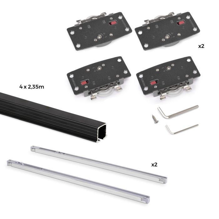 Emuca Kit de herrajes para armario 2 puertas correderas y cierre suave Flow2 con carriles encastrados 2.35m, tableros no incluidos, Pintado negro 1 Emuca Kit de herrajes para armario 2 puertas correderas y cierre suave Flow2 con carriles encastrados 2.35m, tableros no incluidos, Pintado negro 1