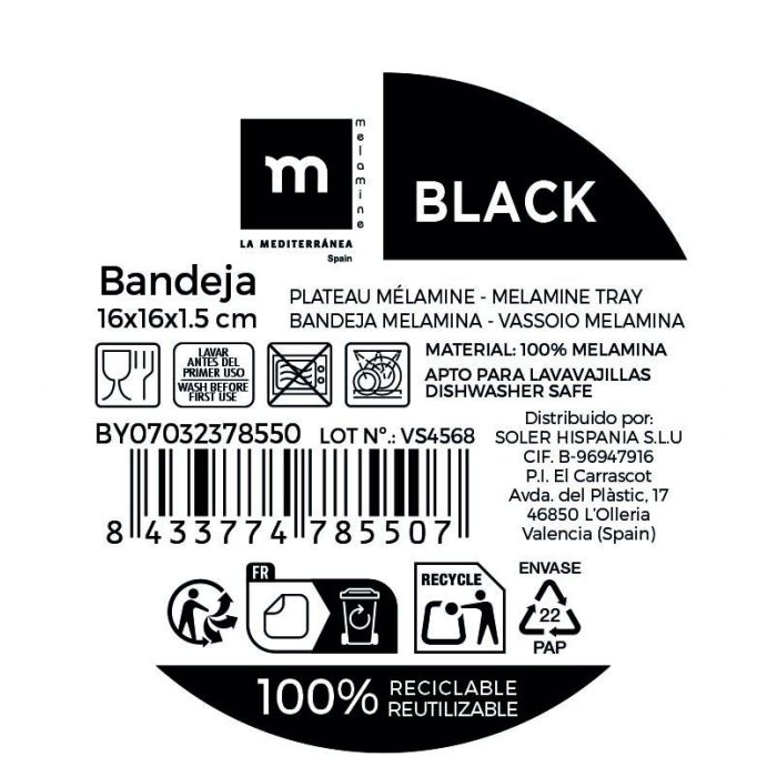 Bandeja Melamina Mate Black 16x16x1.5 cm La Mediterrane - Inde (24 Unidades) 1 Bandeja Melamina Mate Black 16x16x1.5 cm La Mediterrane - Inde (24 Unidades) 1