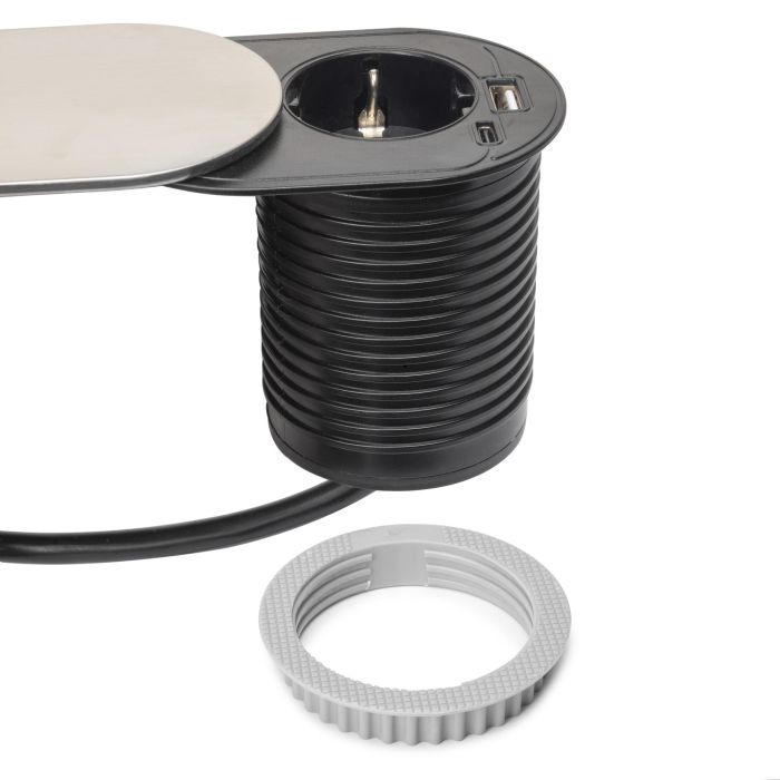 Emuca Multiconector con tapa deslizante Vertikal Flat 60, diámetro 60mm, 1 enchufe tipo Schuko, 1 USB tipo A, 1 USB tipo C, Acero y Plástico, Acero inoxidable 5