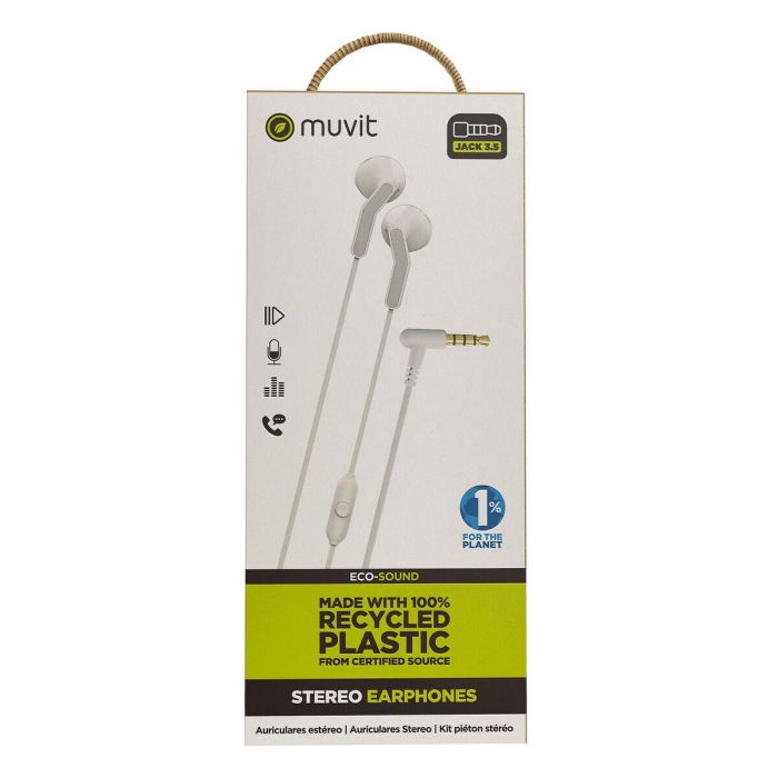 Muvit Auriculares E56 Blanco, Estéreo Ergonómicos con Micrófono y Conector Jack 3.5mm, Plástico Reciclado Certificado, Packaging Sostenible FSC 2 Muvit Auriculares E56 Blanco, Estéreo Ergonómicos con Micrófono y Conector Jack 3.5mm, Plástico Reciclado Certificado, Packaging Sostenible FSC 2