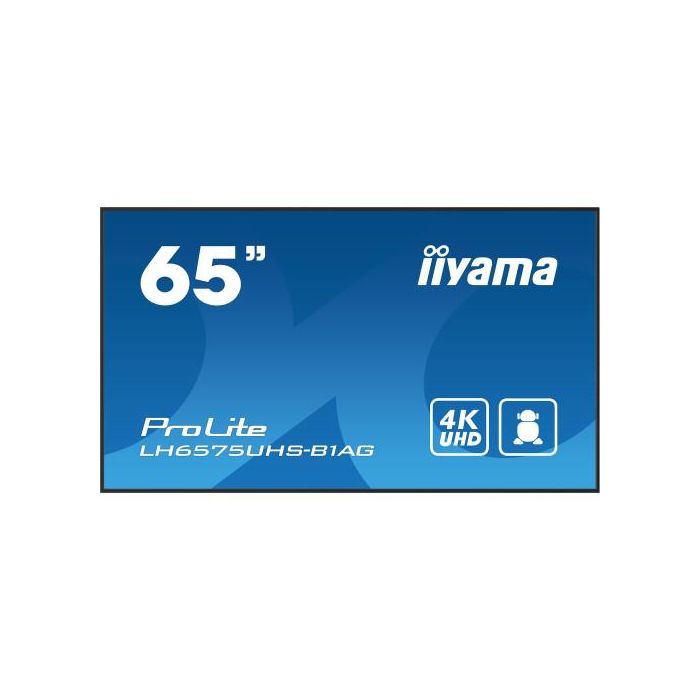 Monitor Iiyama 65" (LH6575UHS-B1AG)3840X2160, Uhd Ips Panel, Operacion 24/7 500Cd/M, Landscape Portrait, Signal Failover, Speakers 2X 10W, Multiple Inputs (Dvi-I (Vga), Hdmi 3X), Dp-Out , Usb 2.0 X2, Wifi, Lan, Media Play Usb Port, Control Lan / Rs23 1