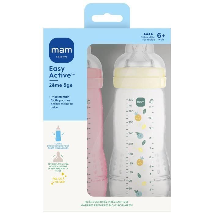 MAM MAM9001616858291 Set de 2 Biberones Easy Active +6 meses 330ml Tetina X-Flow Baya y Perla 2