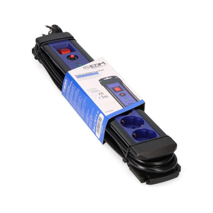 Edm Base múltiple 6 tomas schuko con protector + interruptor 3m, 16A 230V 3680W, protección sobretensiones, azul