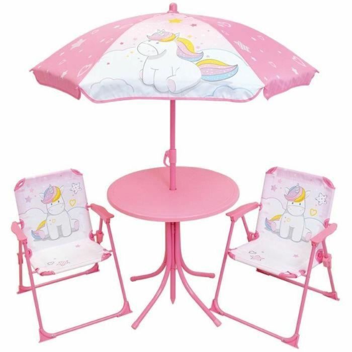 Fun House FUN3700057133962 Conjunto Muebles Jardín Infantil Unicornio: Mesa Al.46x46cm, 2 Sillas Plegables, Sombrilla Al.125x100cm