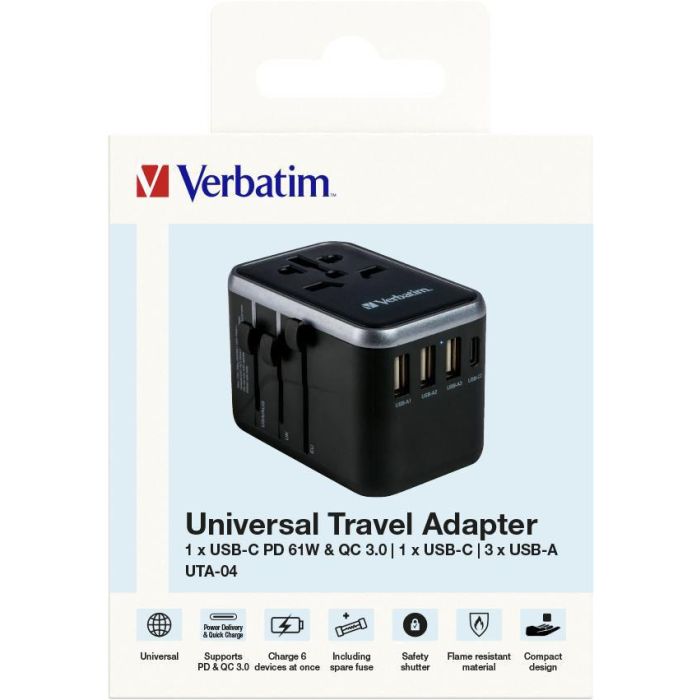 Verbatim UTA-04 Adaptador de Viaje Universal 61W PD QC 3.0, 5 Puertos USB (2xUSB-C, 3xUSB-A), Carga 6-en-1 para 180+ Países 12 Verbatim UTA-04 Adaptador de Viaje Universal 61W PD QC 3.0, 5 Puertos USB (2xUSB-C, 3xUSB-A), Carga 6-en-1 para 180+ Países 12