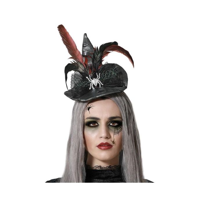 Diadema de Bruja Gris con Plumas y Araña Brillante para Disfraces Góticos y Halloween