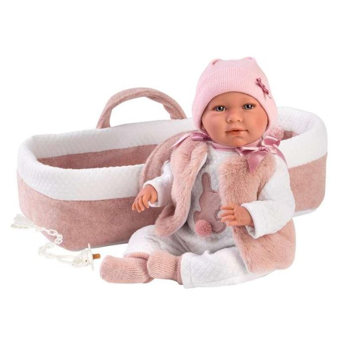 Llorens Muñeca recién nacida llorona Mimi con capazo rosa tacto suave 40 cm cuerpo tela 5
