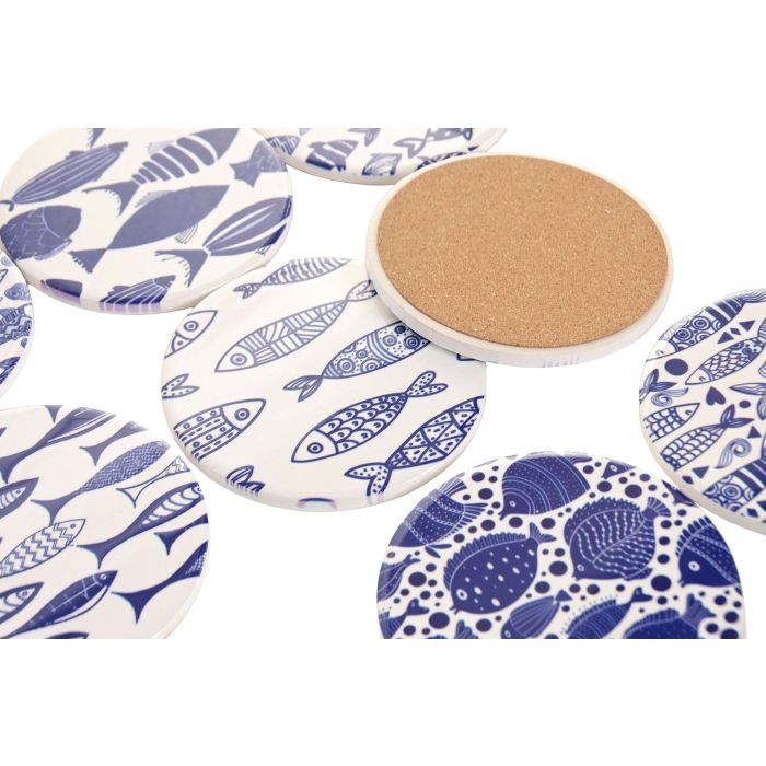 DKD Home Decor Posavasos Mediterraneo Azul Marino Blanco 11 x 0.7 x 11 cm (72 Unidades) Dolomita Corcho