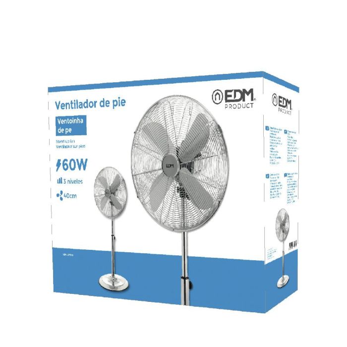 Edm Ventilador de Pie Cromado, 60 W, Aspas Ø40 cm, Altura Regulable 90-116 cm, 3 Velocidades, 4 Palas, Caudal Aire 3540 m³/h 3 Edm Ventilador de Pie Cromado, 60 W, Aspas Ø40 cm, Altura Regulable 90-116 cm, 3 Velocidades, 4 Palas, Caudal Aire 3540 m³/h 3
