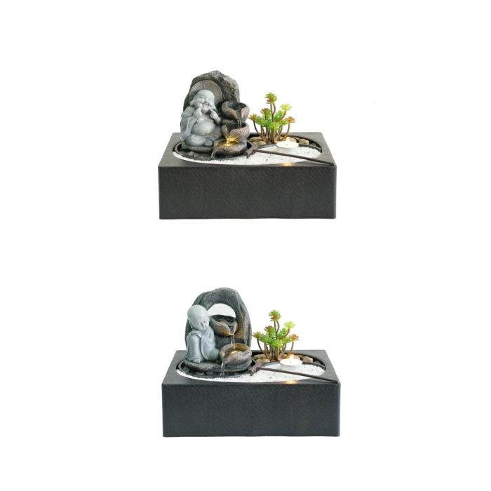 DKD Home Decor Pack de 2 Fuentes de Agua Orientales Buda con Luz LED de Resina Negro Gris 21x23x29 cm