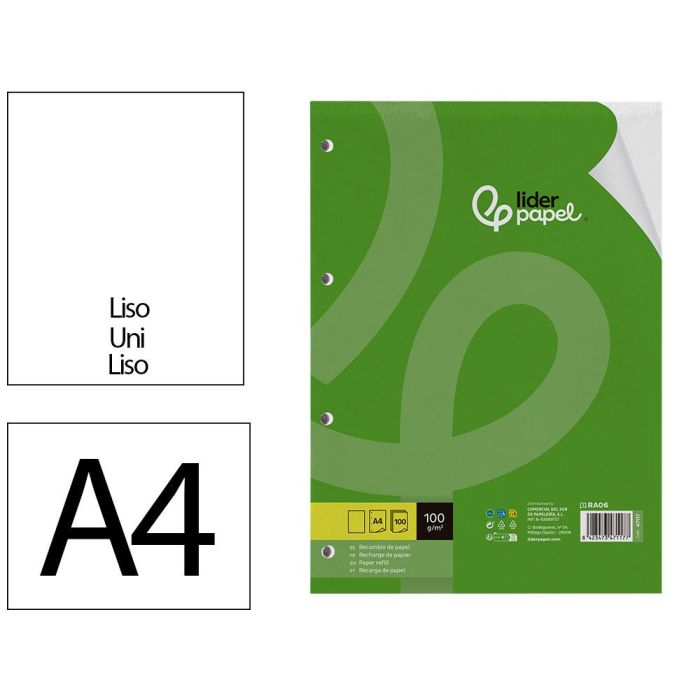 Recambio Liderpapel A4 100 Hojas 100 gr-M2 Liso Sin Margen 4 Taladros 24 unidades