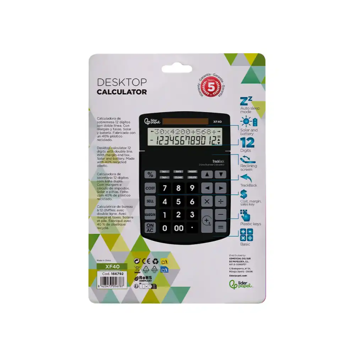 Liderpapel Calculadora Sobremesa XF40 12 Dígitos Solar y Pilas Negro 40% Reciclada 175x120x30 mm 8