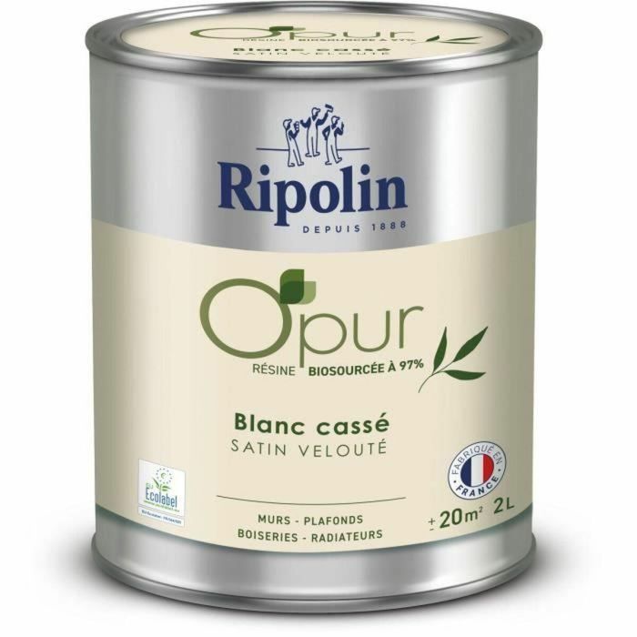 Ripolin 472823 Pintura O'PUR para Paredes, Carpintería y Radiadores - Blanco Roto, Terciopelo Satinado - 2 L