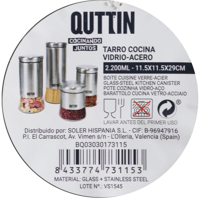 Quttin Tarro de Vidrio y Acero 2200 ml - Medidas 11.5 x 11.5 x 29 cm (12 Unidades) 7 Quttin Tarro de Vidrio y Acero 2200 ml - Medidas 11.5 x 11.5 x 29 cm (12 Unidades) 7
