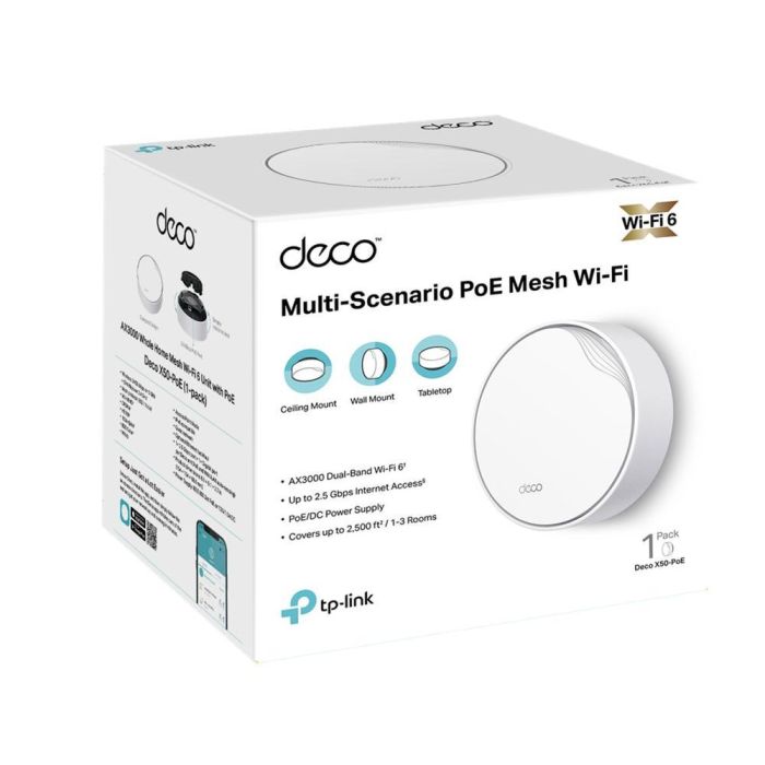 TP-Link Deco X50-PoE AX3000 Sistema Wi-Fi 6 Mesh Doble Banda, 3.0 Gbps, Cobertura Total Casa, Puerto MultiGigabit 2.5 Gbps, Seguridad HomeShield 2 TP-Link Deco X50-PoE AX3000 Sistema Wi-Fi 6 Mesh Doble Banda, 3.0 Gbps, Cobertura Total Casa, Puerto MultiGigabit 2.5 Gbps, Seguridad HomeShield 2
