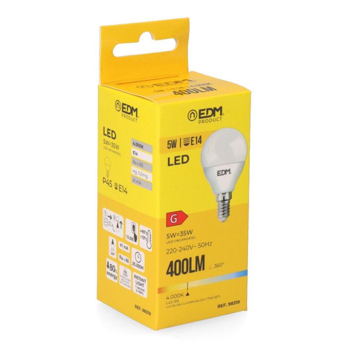 Edm Bombilla LED Esférica E14 5W 400 lm Luz Día 4000K (Equiv. 35W) No Regulable Ø4,5x8cm 200° 25.000h Clase G 1 Edm Bombilla LED Esférica E14 5W 400 lm Luz Día 4000K (Equiv. 35W) No Regulable Ø4,5x8cm 200° 25.000h Clase G 1