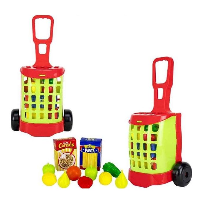 Carro de la compra con cajas de alimentos grandes y frutas. 2