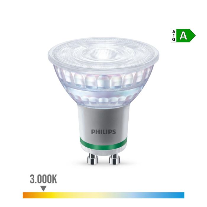 Bombilla ultra efficient led spot 36d 2,1w 375im gu10 3000k, 220-240v ac 50/60hz. philips