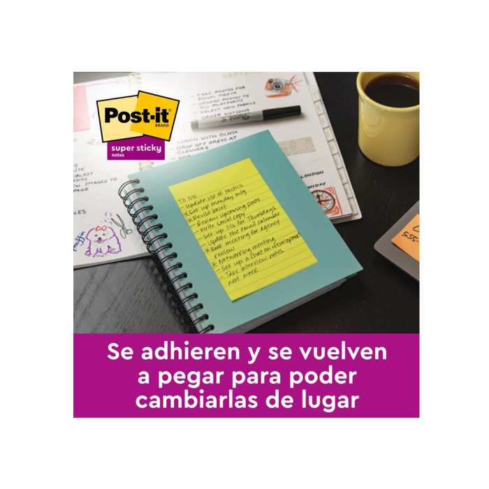 Post-it Bloc de Notas Adhesivas Super Sticky 152x101 mm, 45 Hojas, Colores Neón, Pack de 4 Unidades 3