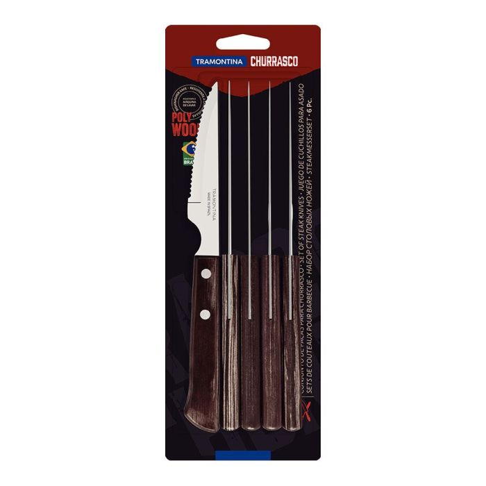 Tramontina Juego de 6 cuchillos para asado 10,16cm acero inoxidable mangos polywood castaño 1