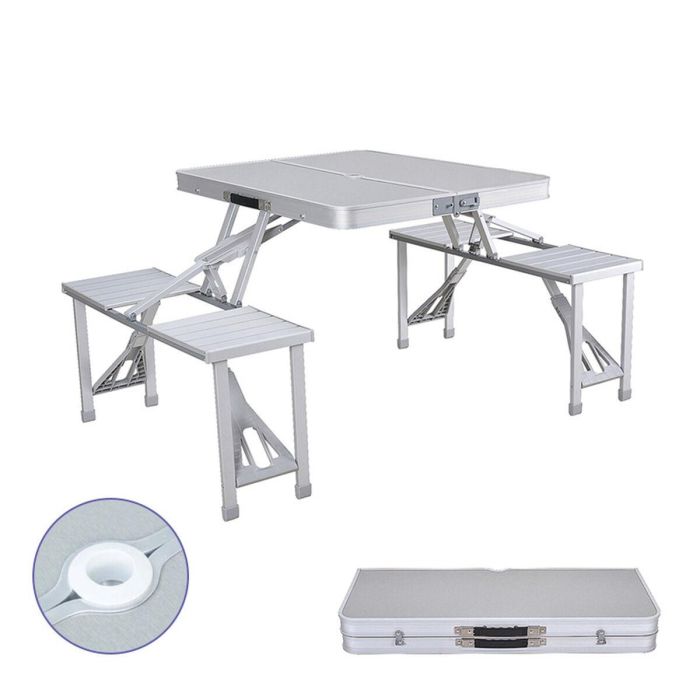 Marbueno Set Mesa y 4 Asientos con Agujero Sombrilla Plegable Aluminio Gris Camping y Playa 136X85X67 cm 10439 2