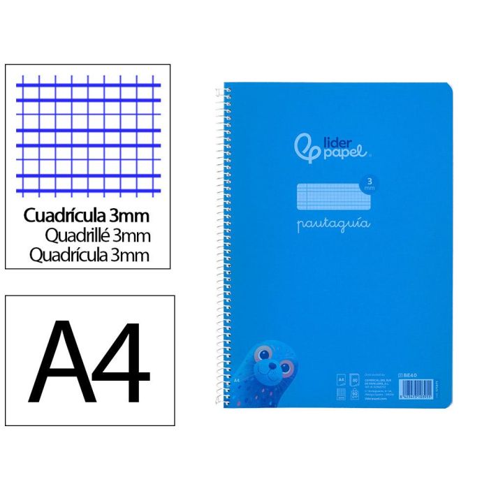 Cuaderno Espiral Liderpapel Din A4 Pautaguia Tapa Plastico 80H 90 gr Cuadro Pautado 3 mm Con Margen Color Azul 5 unidades