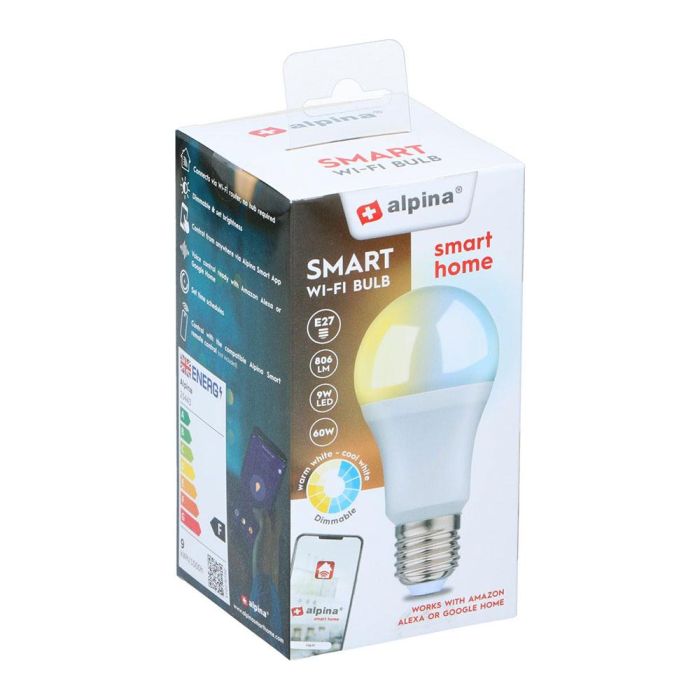 Alpina Bombilla LED Inteligente Standard A60 E27 9W (Equiv. 60W) 806lm Wi-Fi Regulable 2700-6500K Luz Blanca Fría/Cálida Compatible Alexa Google Home 1