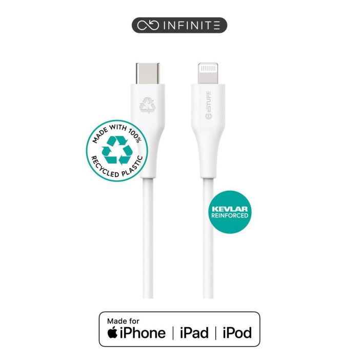 eSTUFF INFINITE Super Soft USB-C to Lightning Cable 2m White - 100% Recycled PVC Free Plastic eSTUFF INFINITE Super Soft USB-C to Lightning Cable 2m White - 100% Recycled PVC Free Plastic