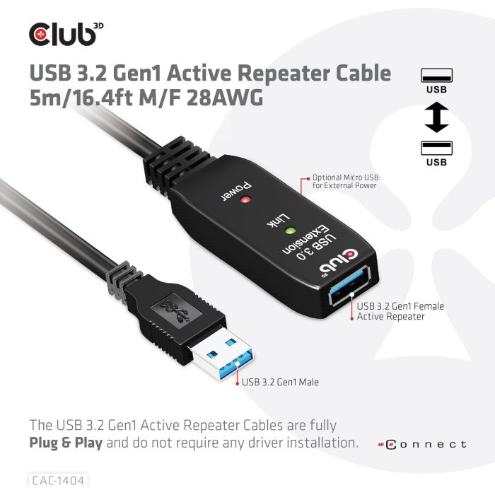 Club3D cable de extensión activo USB 3.2 A 5m - 5 Gbps macho/hembra 2 Club3D cable de extensión activo USB 3.2 A 5m - 5 Gbps macho/hembra 2