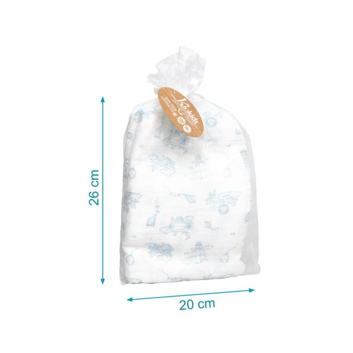 KioKids Muselina Bambú Algodón Estampado Aviones Azul 120x120 cm, 70% Bambú 30% Algodón, 140 gr, para Bebé +0 Meses